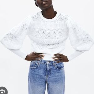 Zara White Crochet Knit Sweater With Balloon Sleeves